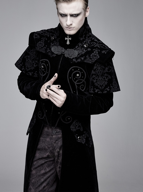 Stand-Up Collar Waist Hand Embroidered Cross Rivet Black Gothic Weft Velveteen Coat