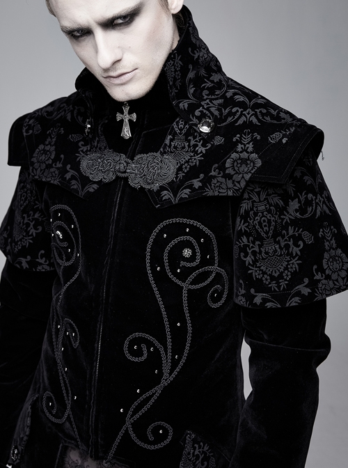 Stand-Up Collar Waist Hand Embroidered Cross Rivet Black Gothic Weft Velveteen Coat