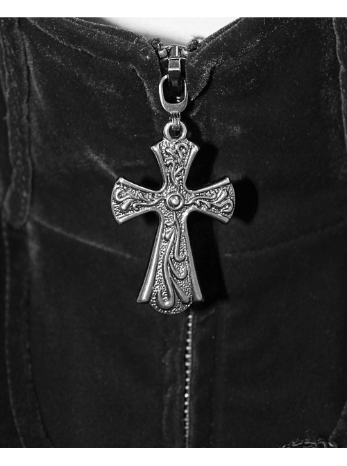 Stand-Up Collar Waist Hand Embroidered Cross Rivet Black Gothic Weft Velveteen Coat