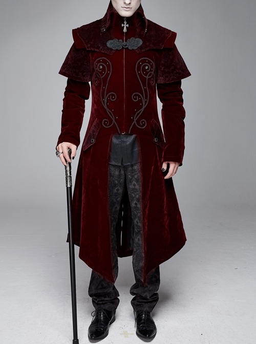 Stand-Up Collar Waist Hand Embroidered Cross Rivet Wine Red Gothic Weft Velveteen Coat