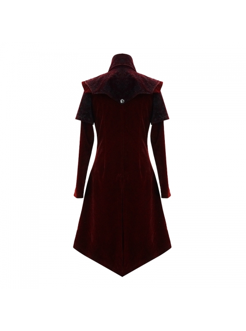 Stand-Up Collar Waist Hand Embroidered Cross Rivet Wine Red Gothic Weft Velveteen Coat