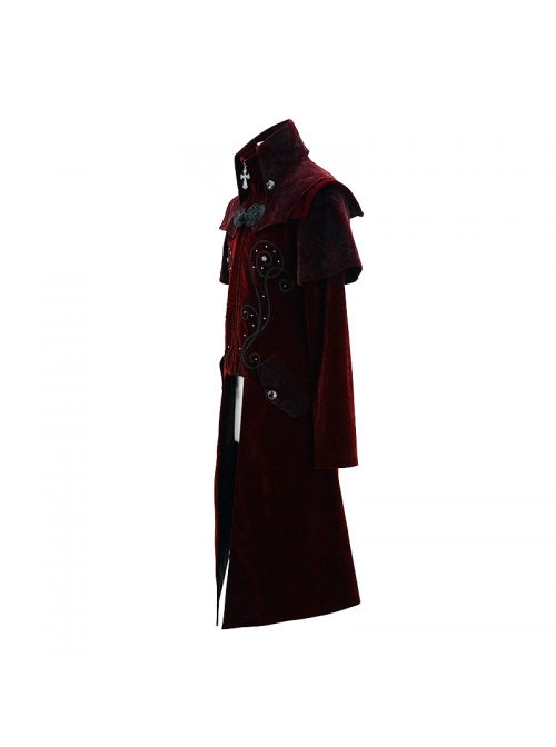 Stand-Up Collar Waist Hand Embroidered Cross Rivet Wine Red Gothic Weft Velveteen Coat