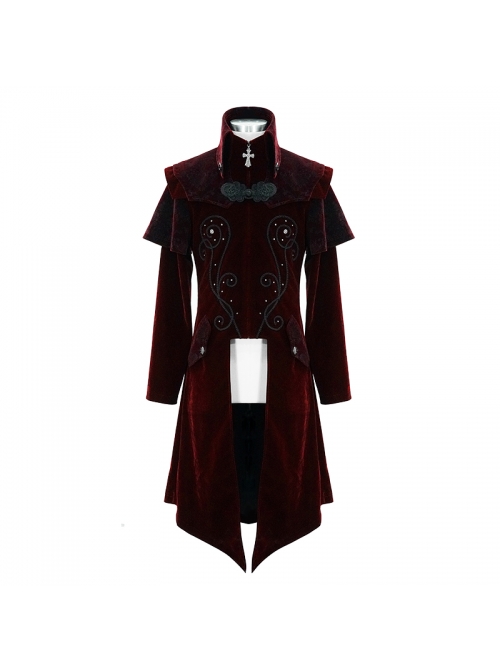 Stand-Up Collar Waist Hand Embroidered Cross Rivet Wine Red Gothic Weft Velveteen Coat