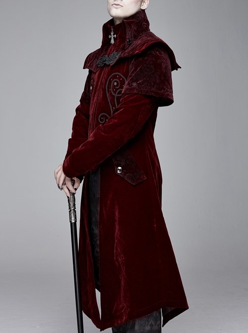 Stand-Up Collar Waist Hand Embroidered Cross Rivet Wine Red Gothic Weft Velveteen Coat