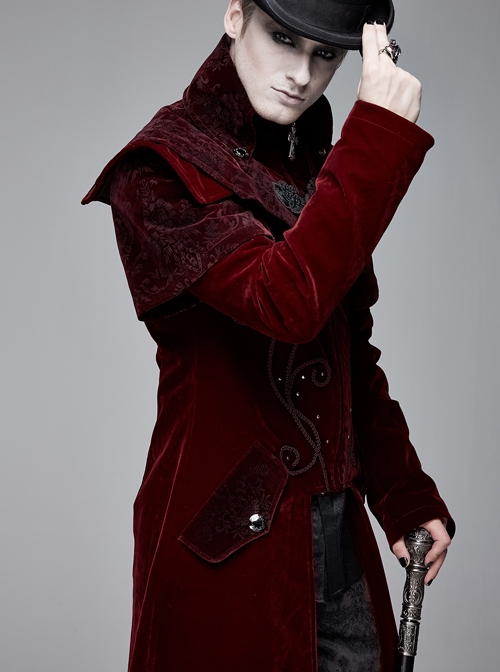 Stand-Up Collar Waist Hand Embroidered Cross Rivet Wine Red Gothic Weft Velveteen Coat