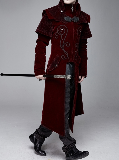 Stand-Up Collar Waist Hand Embroidered Cross Rivet Wine Red Gothic Weft Velveteen Coat