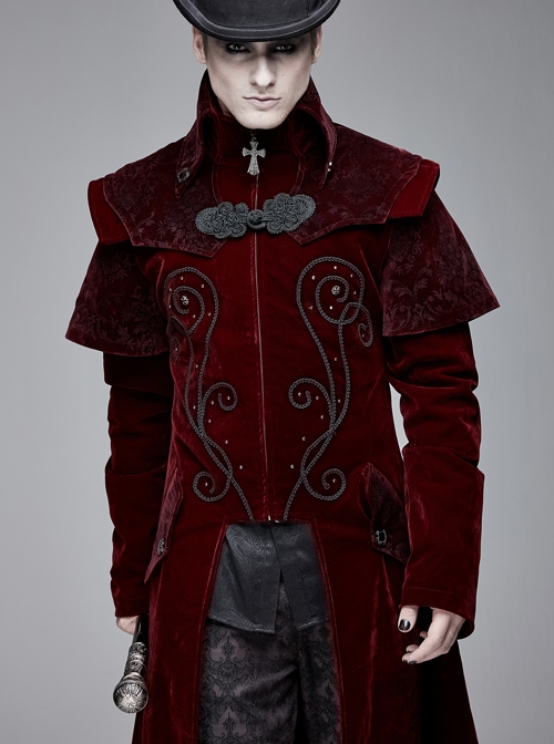 Stand-Up Collar Waist Hand Embroidered Cross Rivet Wine Red Gothic Weft Velveteen Coat