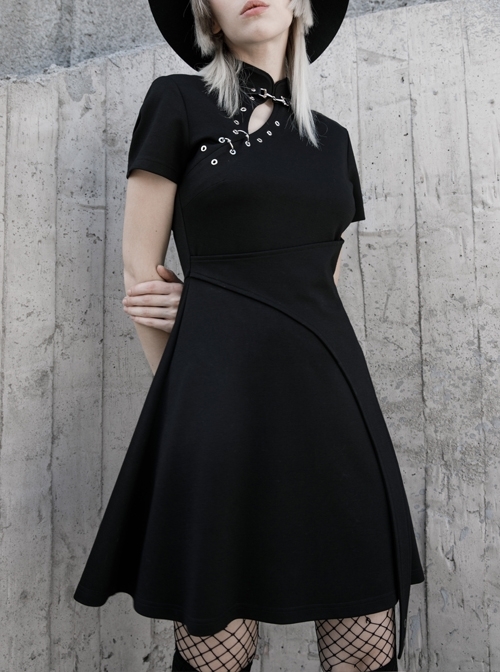 Steam Punk Female Casual Black High Waist Metal Buckle Elastic Dress