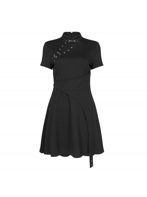 Steam Punk Female Casual Black High Waist Metal Buckle Elastic Dress