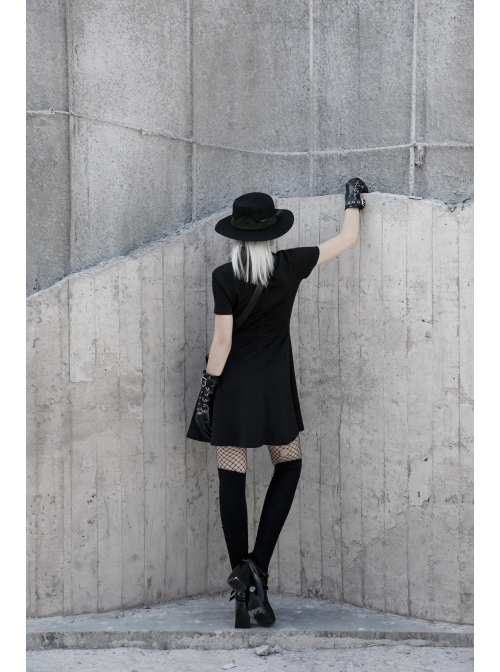 Steam Punk Female Casual Black High Waist Metal Buckle Elastic Dress