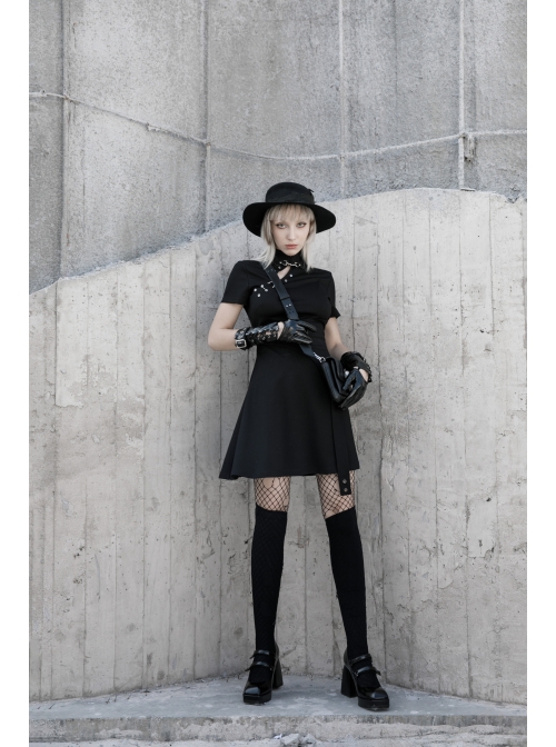 Steam Punk Female Casual Black High Waist Metal Buckle Elastic Dress