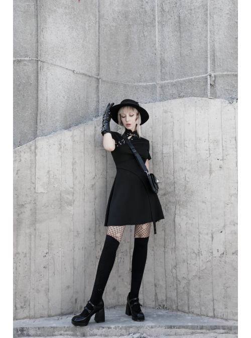 Steam Punk Female Casual Black High Waist Metal Buckle Elastic Dress
