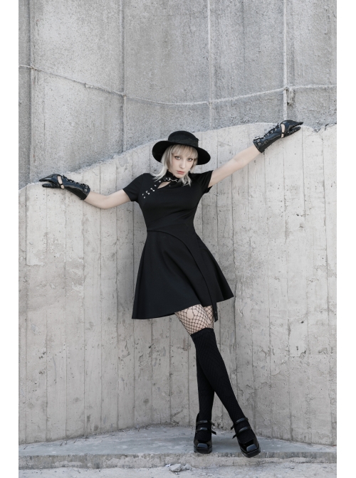 Steam Punk Female Casual Black High Waist Metal Buckle Elastic Dress