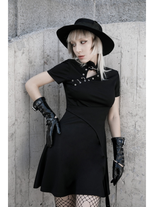 Steam Punk Female Casual Black High Waist Metal Buckle Elastic Dress