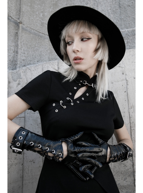 Steam Punk Female Casual Black High Waist Metal Buckle Elastic Dress