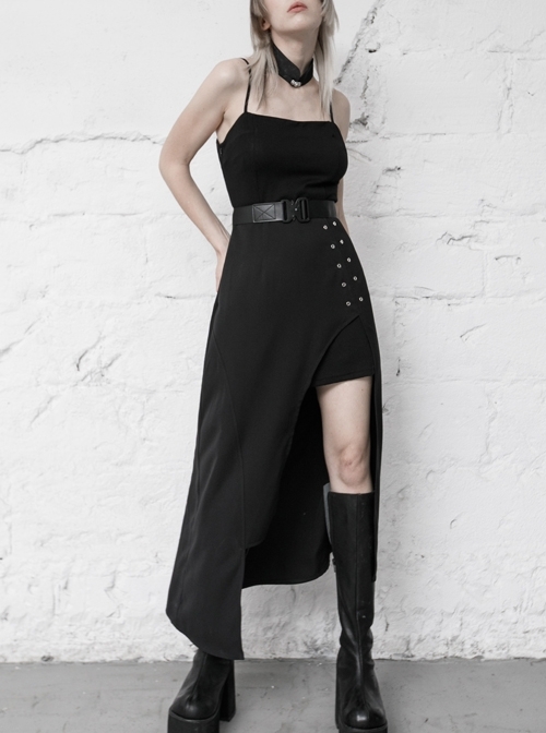 Steam Punk Female Black Belted Strap Detachable Collar Long Dress