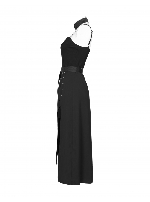 Steam Punk Female Black Belted Strap Detachable Collar Long Dress