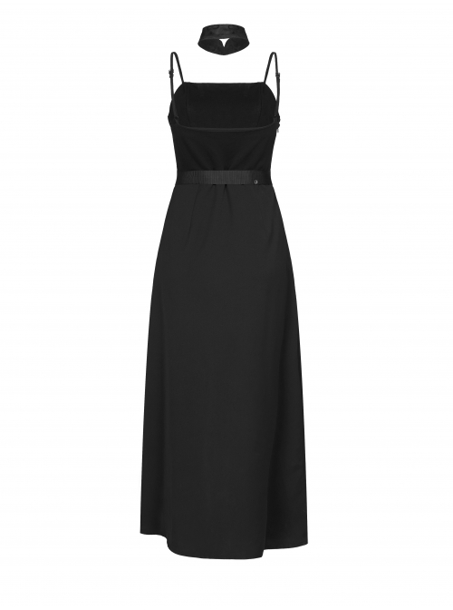 Steam Punk Female Black Belted Strap Detachable Collar Long Dress