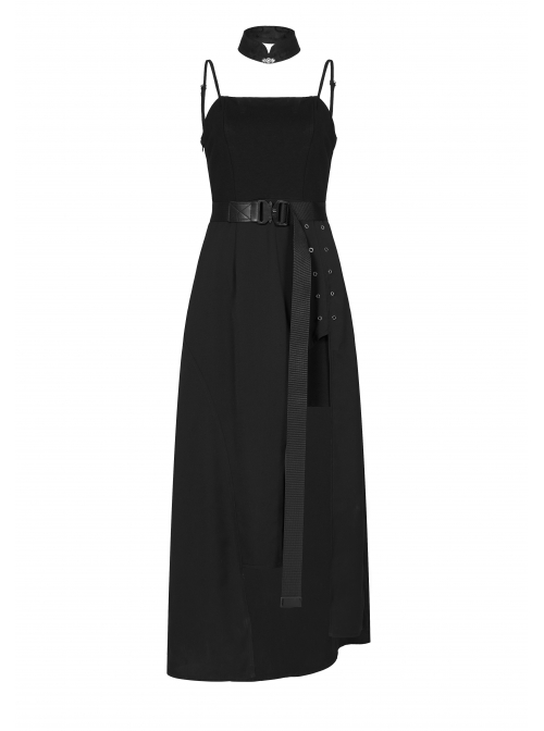 Steam Punk Female Black Belted Strap Detachable Collar Long Dress
