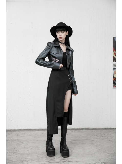 Steam Punk Female Black Belted Strap Detachable Collar Long Dress