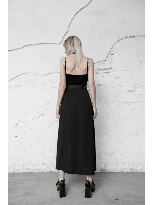 Steam Punk Female Black Belted Strap Detachable Collar Long Dress