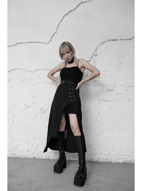 Steam Punk Female Black Belted Strap Detachable Collar Long Dress