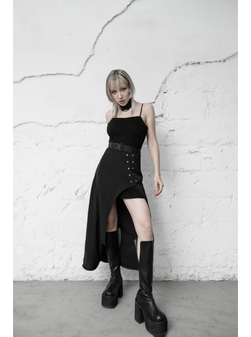 Steam Punk Female Black Belted Strap Detachable Collar Long Dress