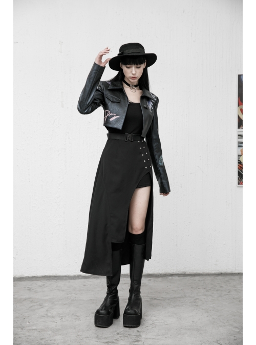 Steam Punk Female Black Belted Strap Detachable Collar Long Dress