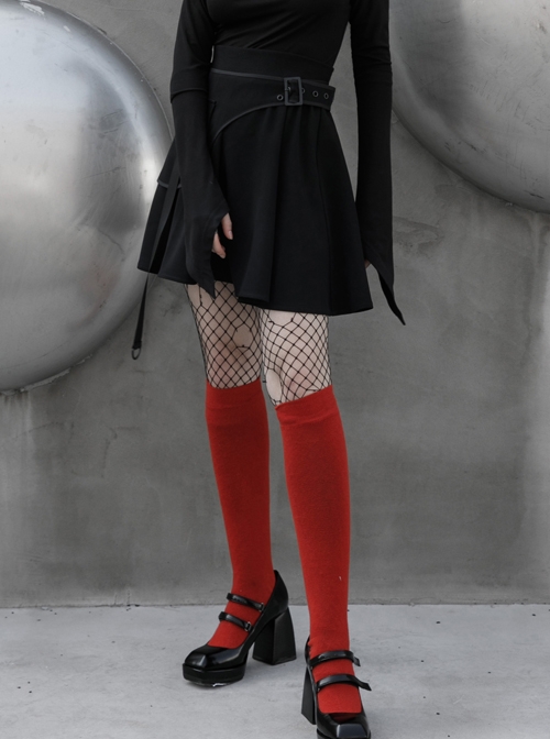 Steam Punk Female Casual Black Strap High Waist Belted Pleated Skirt