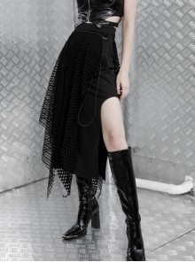 Steam Punk Female Black Fishnet Mesh Stitching Irregular Hem Long Skirt