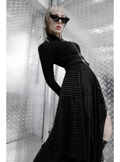 Steam Punk Female Black Fishnet Mesh Stitching Irregular Hem Long Skirt