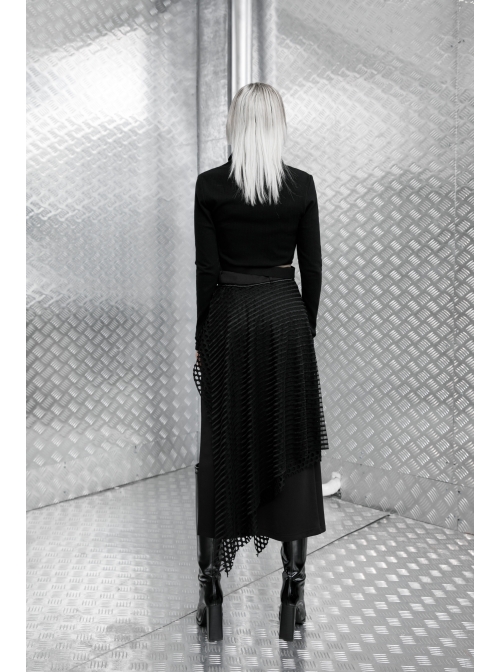 Steam Punk Female Black Fishnet Mesh Stitching Irregular Hem Long Skirt