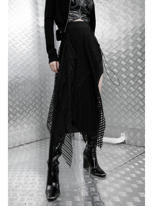 Steam Punk Female Black Fishnet Mesh Stitching Irregular Hem Long Skirt