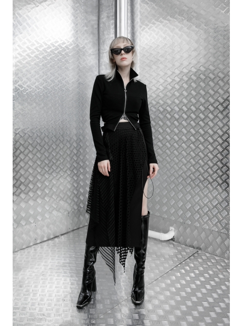 Steam Punk Female Black Fishnet Mesh Stitching Irregular Hem Long Skirt