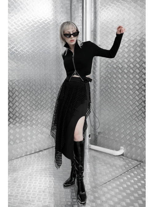 Steam Punk Female Black Fishnet Mesh Stitching Irregular Hem Long Skirt