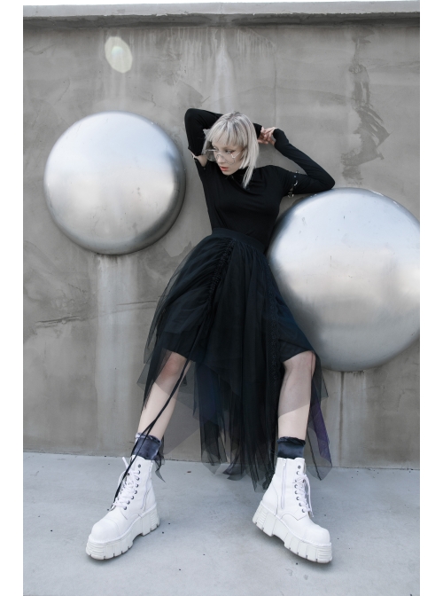 Steam Punk Female Casual Loose Dark Mesh Stitching Long Skirt