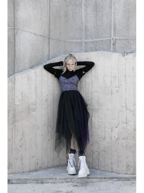 Steam Punk Female Casual Loose Dark Mesh Stitching Long Skirt