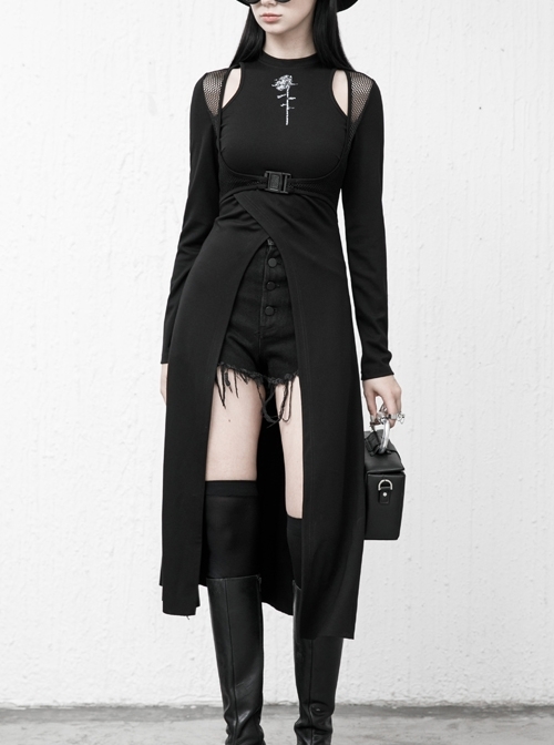 Steam Punk Female Black Mesh Stitching Buckle Split Dress