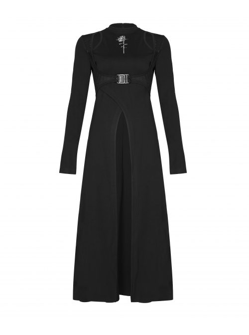 Steam Punk Female Black Mesh Stitching Buckle Split Dress