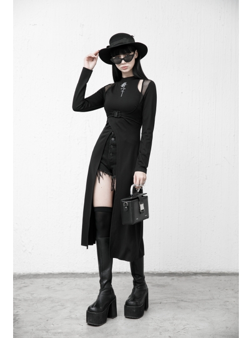 Steam Punk Female Black Mesh Stitching Buckle Split Dress