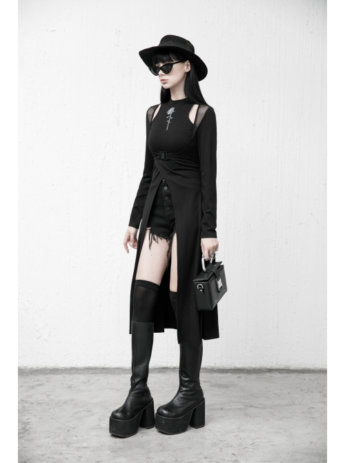 Steam Punk Female Black Mesh Stitching Buckle Split Dress