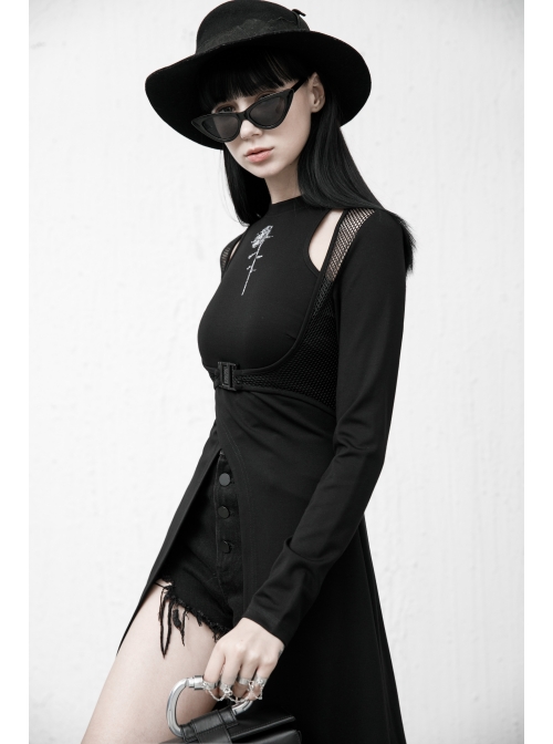 Steam Punk Female Black Mesh Stitching Buckle Split Dress