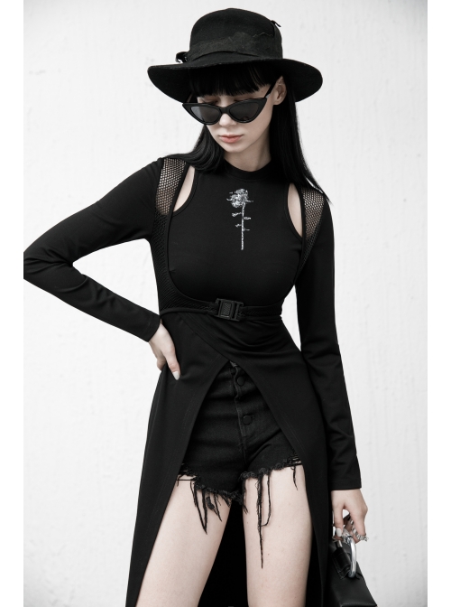 Steam Punk Female Black Mesh Stitching Buckle Split Dress