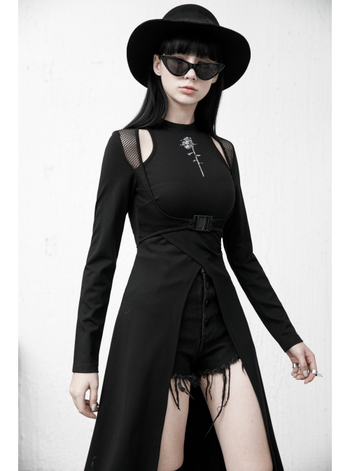 Steam Punk Female Black Mesh Stitching Buckle Split Dress