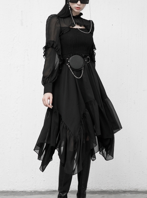 Steam Punk Female Black Elegant Chiffon Lace Stitching High Waist Dress
