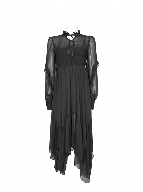 Steam Punk Female Black Elegant Chiffon Lace Stitching High Waist Dress