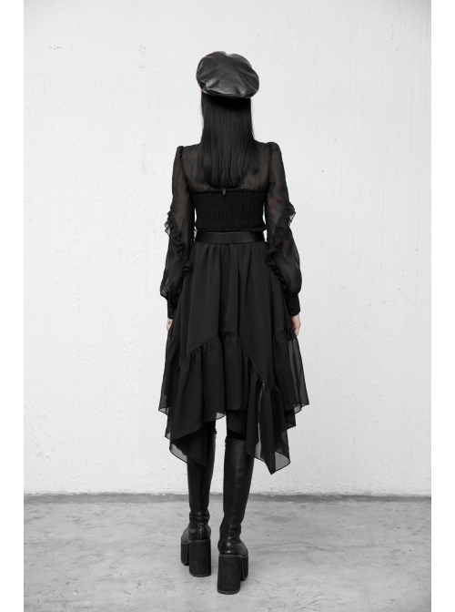 Steam Punk Female Black Elegant Chiffon Lace Stitching High Waist Dress