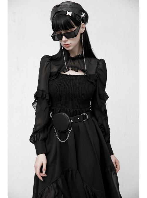 Steam Punk Female Black Elegant Chiffon Lace Stitching High Waist Dress