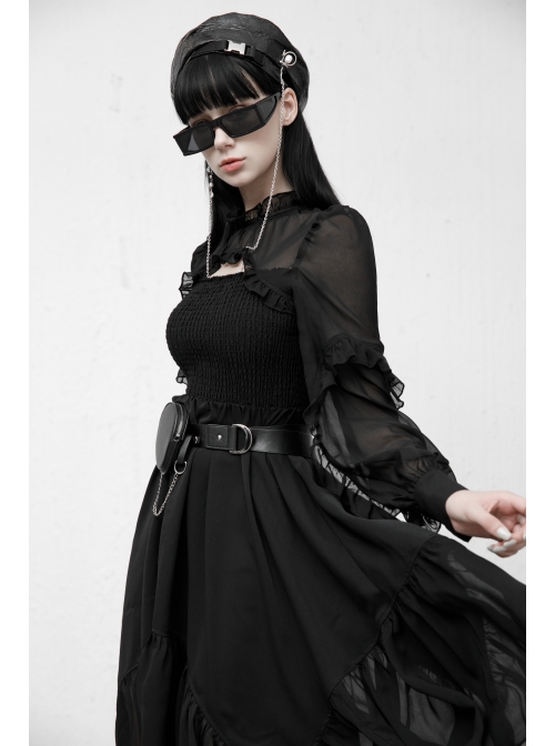Steam Punk Female Black Elegant Chiffon Lace Stitching High Waist Dress