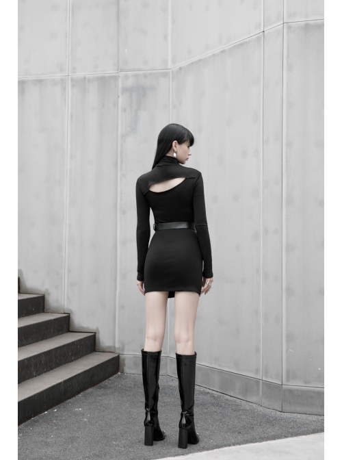 Steam Punk Female Black Hollow Slim-fitting Long Sleeve Dress